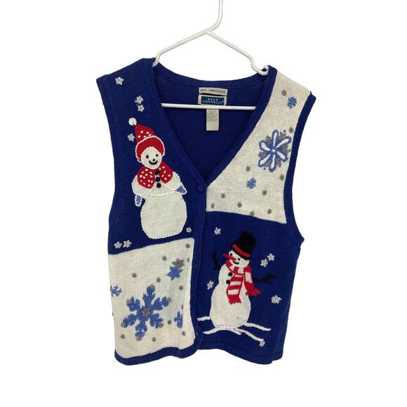 Bryn Connelly Hand Embroidered Cotton Blend Blue Holidays Vest Size L - Picture 1 of 5